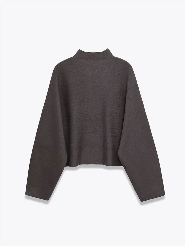 A dark brown cropped knit sweater with long draped batwing sleeves and a mock neck, shown from the back on a light gray background.