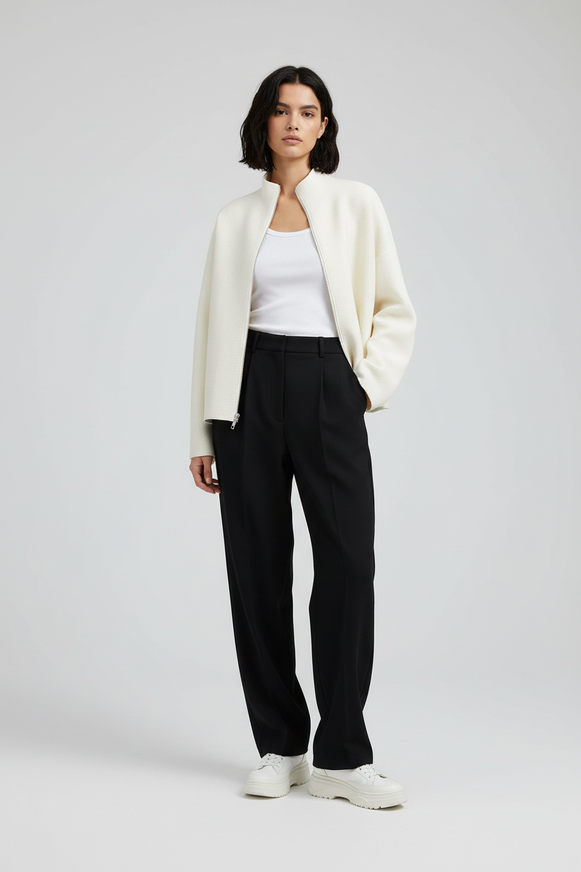 A model stands against a light gray studio background wearing a cream zip-front jacket over a white top, black wide-leg trousers, and white sneakers.
