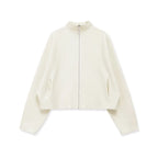 An off-white cropped zip-up jacket with a stand collar and side slit pockets, displayed on a clean white background.
