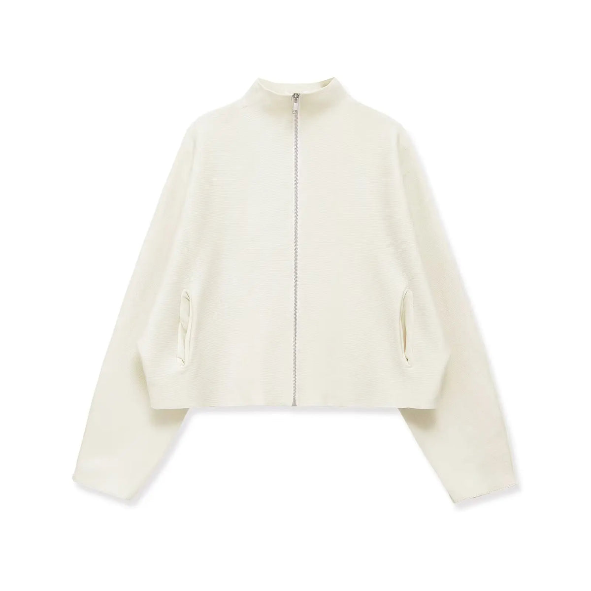 An off-white cropped zip-up jacket with a stand collar and side slit pockets, displayed on a clean white background.