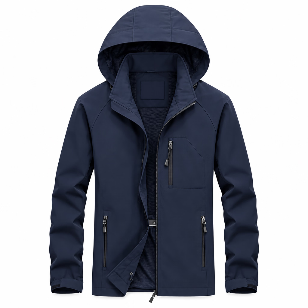 A men's hooded outdoor jacket in dark navy blue, featuring a full zip front, zippered hand pockets, and a high collar, shown against a plain white background.