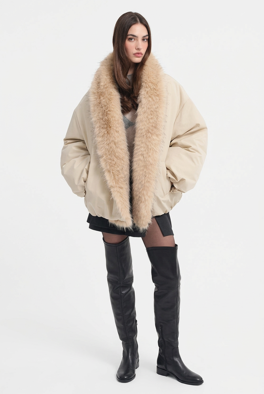 A model wearing a beige puffer jacket with a large beige fur collar, paired with a black mini skirt and black over-the-knee boots, against a plain white studio background.