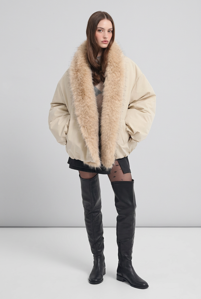 A model stands against a light gray studio background wearing a beige puffer jacket with a large beige faux-fur collar, black shorts, sheer black tights, and black over-the-knee boots.