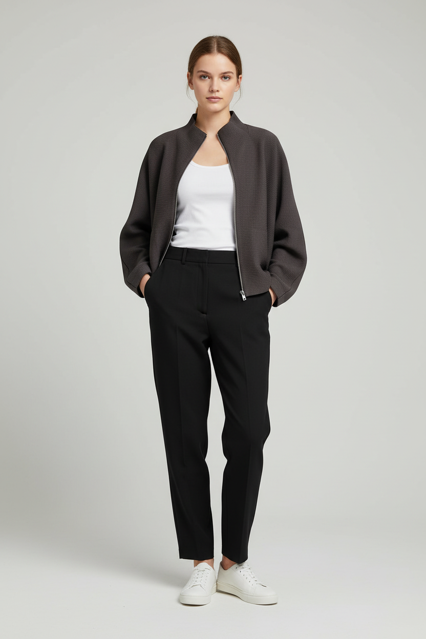 A model stands against a light gray studio background wearing a dark gray zip-front jacket, a white tank top, black trousers, and white sneakers.