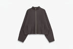A dark brown cropped zip-up jacket with long sleeves and side pockets, displayed on a light gray background with the brand name TFAFXY in the top left corner.