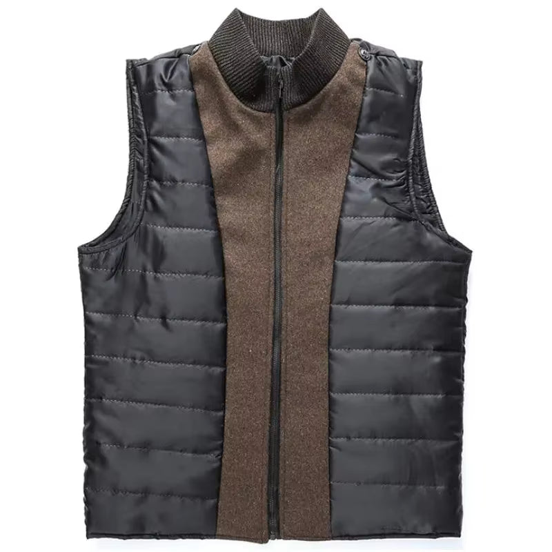 Black puffer vest with brown interior on a white background