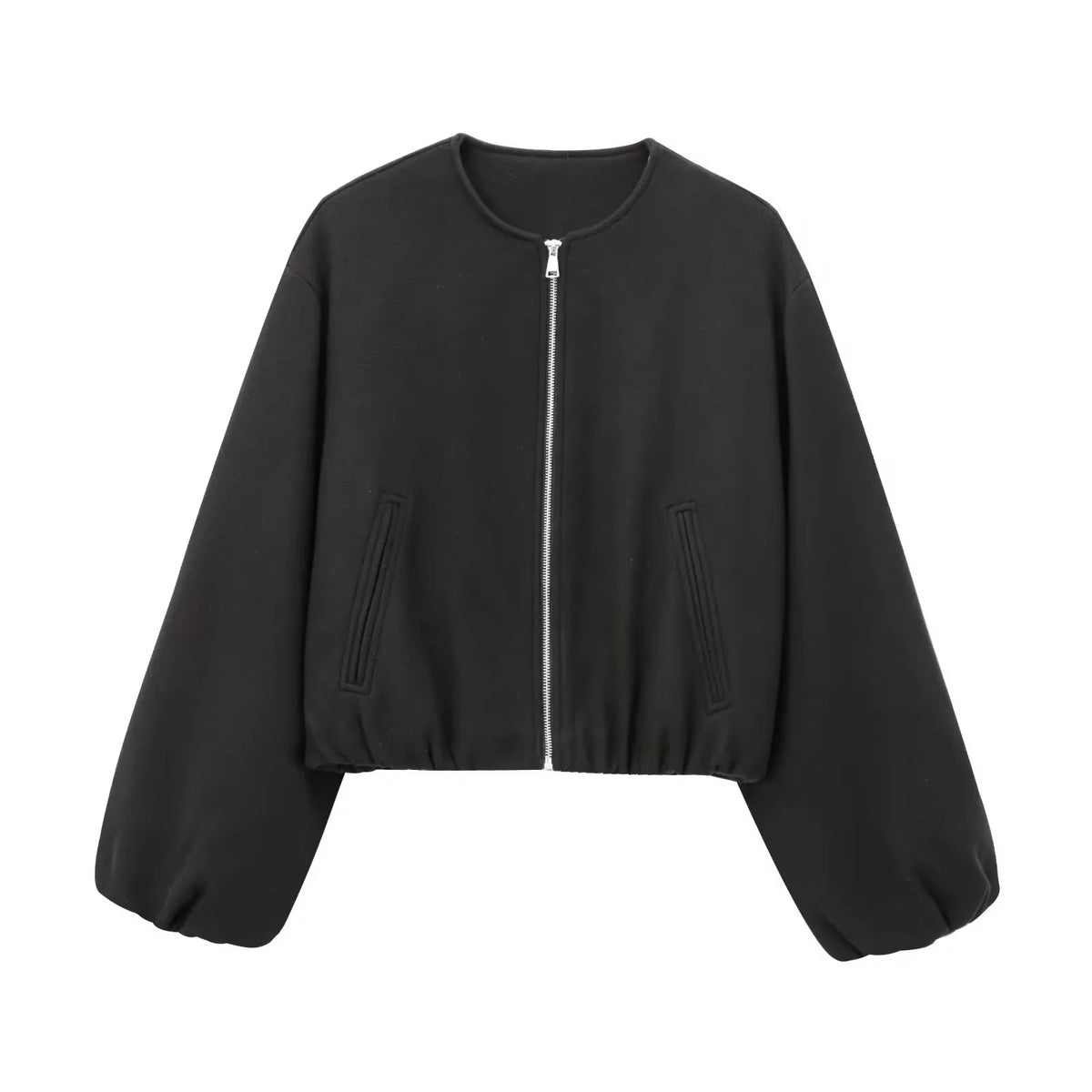 A black cropped zip-up jacket with balloon sleeves and a silver zipper, shown against a plain white background.