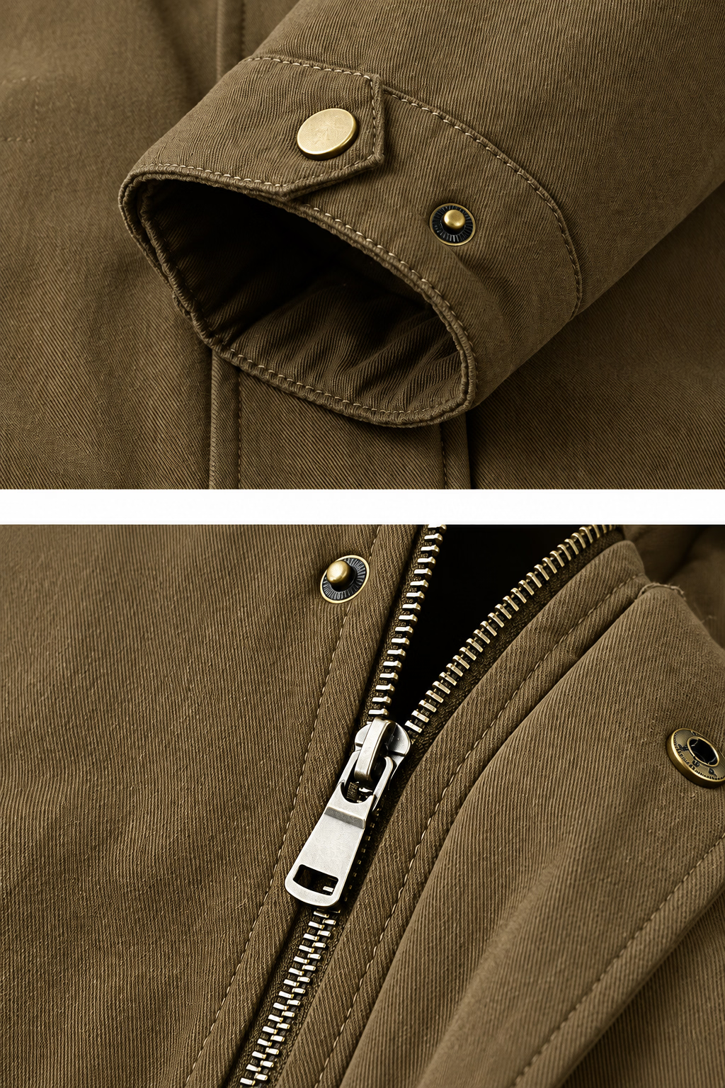 Close-up detail view of a brown jacket showing the sleeve cuff with snap buttons and the front zipper with metal pull, plus Chinese text labels.