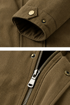 Close-up detail view of a brown jacket showing the sleeve cuff with snap buttons and the front zipper with metal pull, plus Chinese text labels.