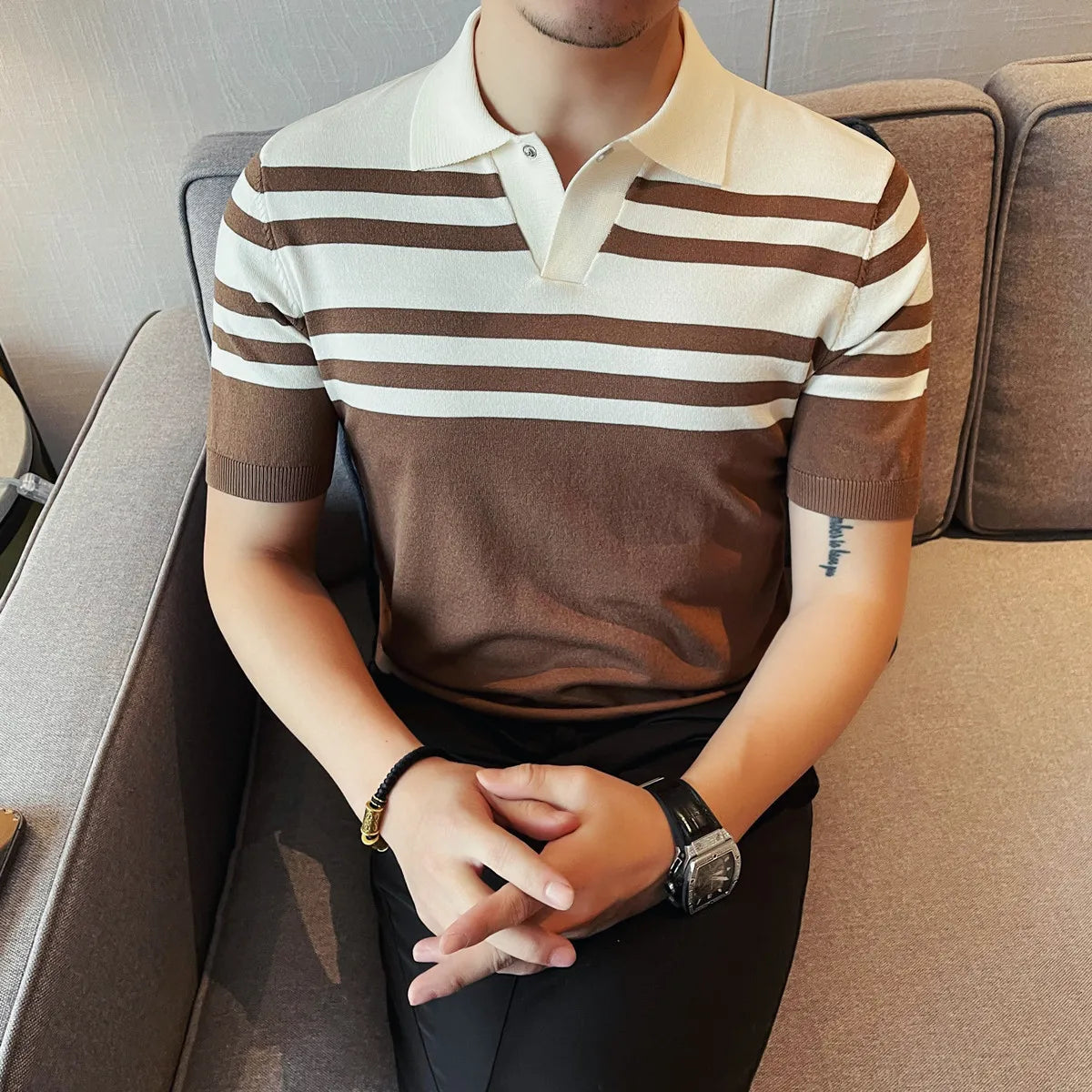 Men's Cashmere Wool Knit V-Neck Polo – Breathable Sleeve