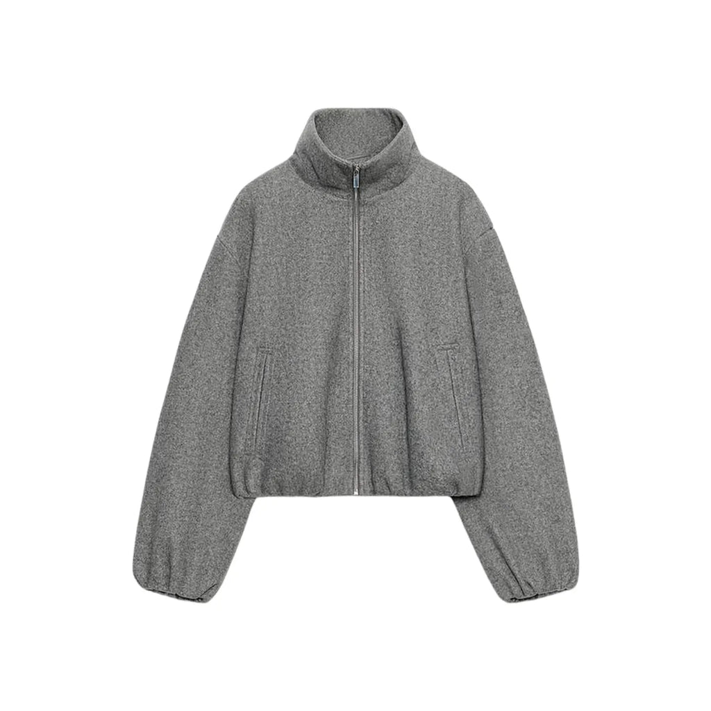 A gray textured zip-up jacket with a mock neck and side pockets, displayed on a clean white background.