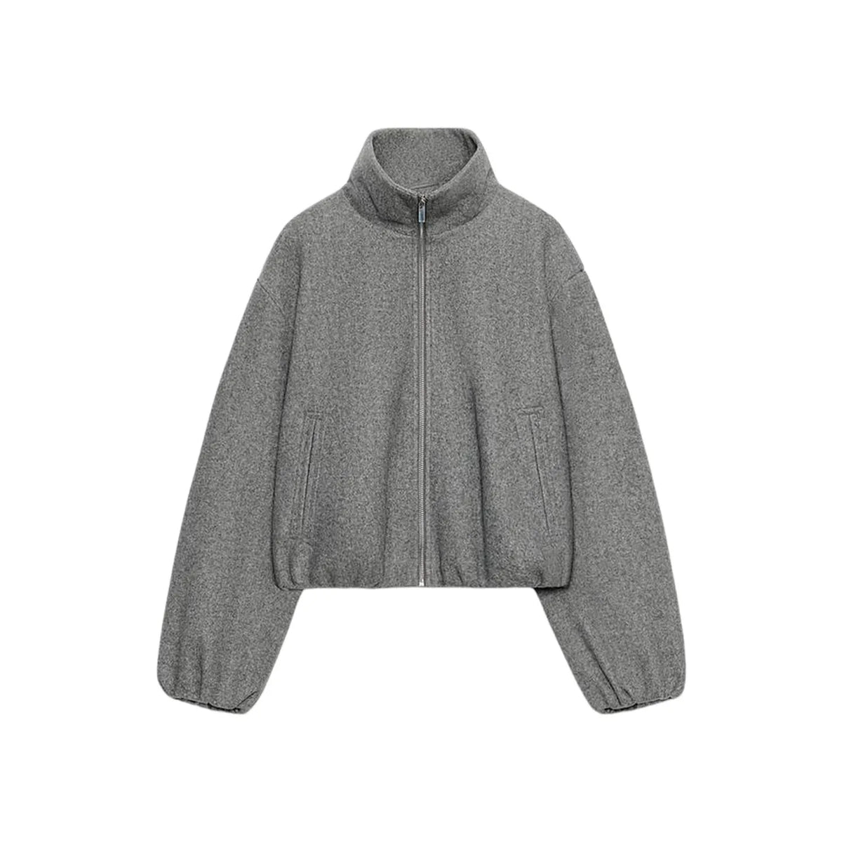 A gray textured zip-up jacket with a mock neck and side pockets, displayed on a clean white background.