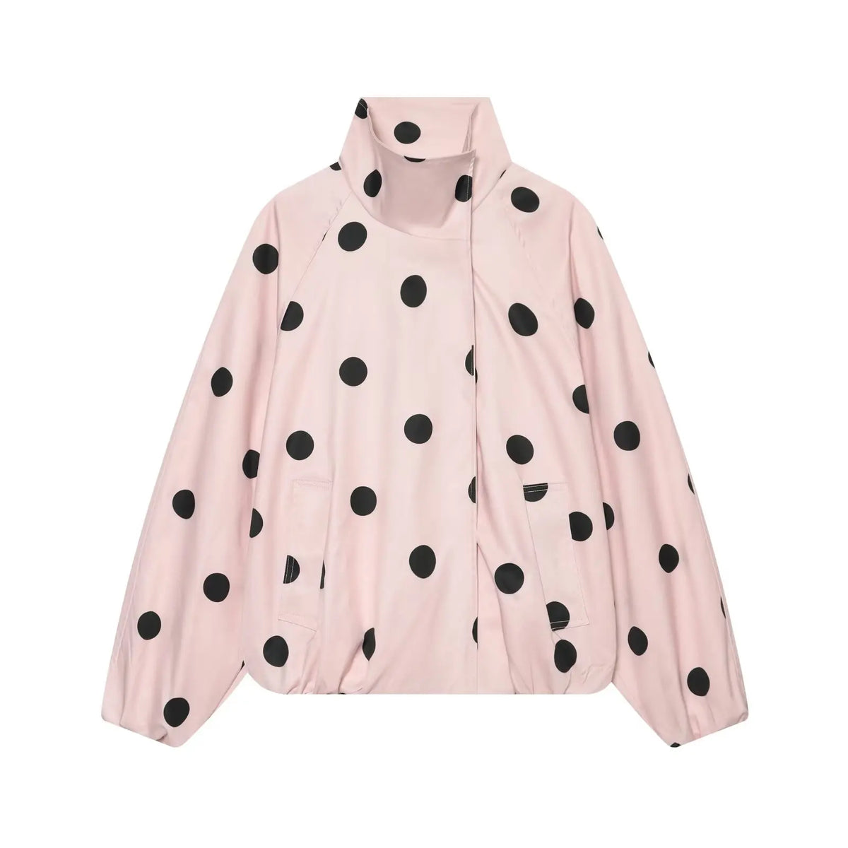 A light pink lightweight jacket with black polka dots, featuring a stand-up collar and front zipper closure, shown against a plain white background.