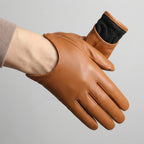 Brown leather glove with black cuff on a white background, featuring WOYOUYA branding.