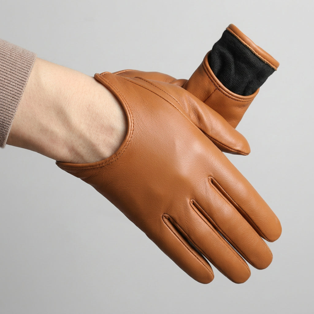 Brown leather glove with black cuff on a white background, featuring WOYOUYA branding.