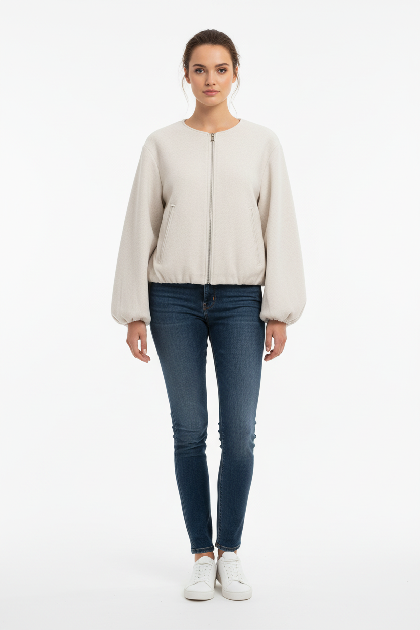 A woman modeling a light beige cropped jacket with long balloon sleeves, paired with dark blue skinny jeans and white sneakers, against a plain white studio background.