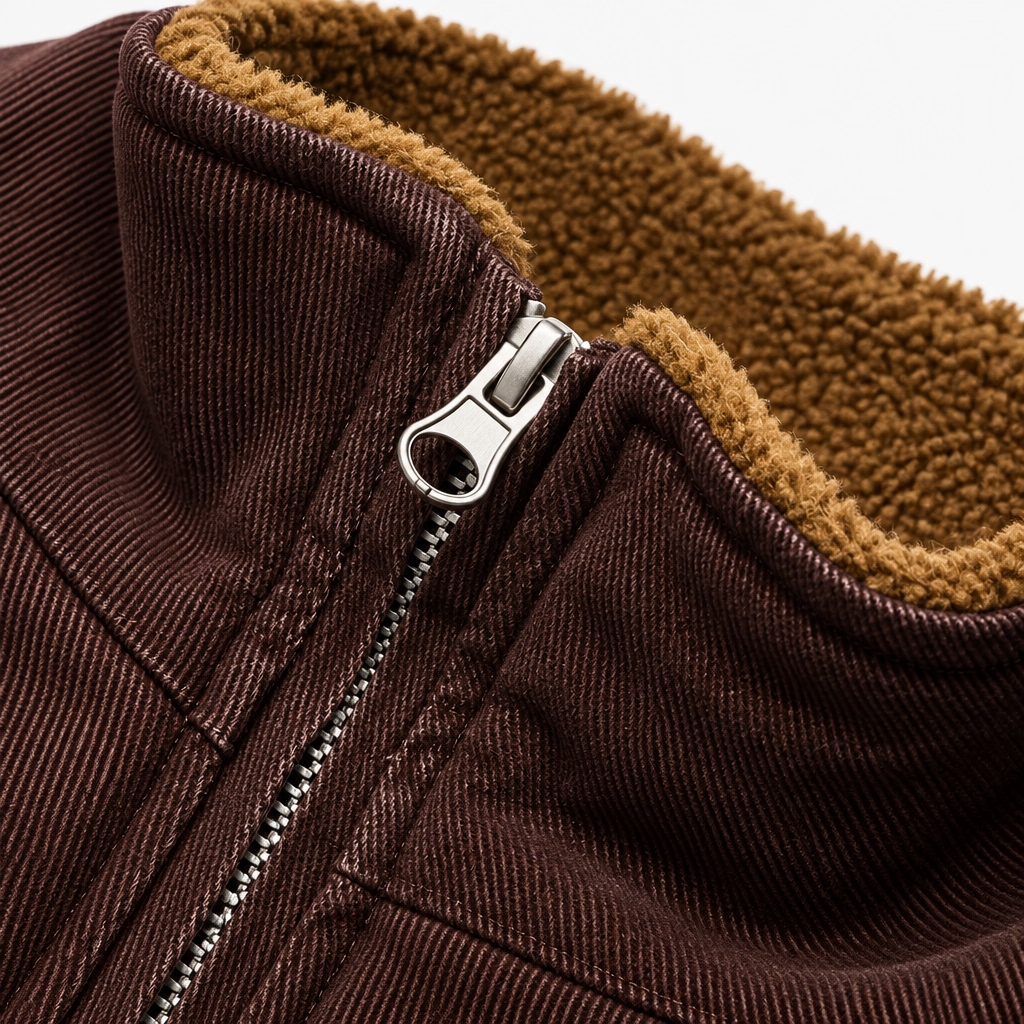 Close-up of a brown jacket with a zipper and fleece lining on a white background