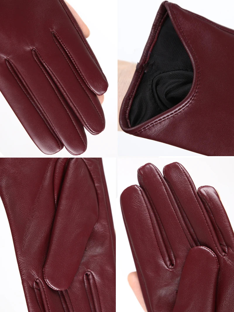 Collage of maroon leather gloves showing different angles and details.
