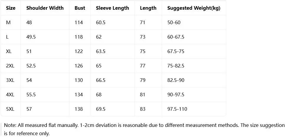 A size measurement chart table showing sizes M through 5XL with shoulder width, bust, sleeve length, length, and suggested weight in kilograms, plus a note about manual measurement and 1-2 cm deviation.