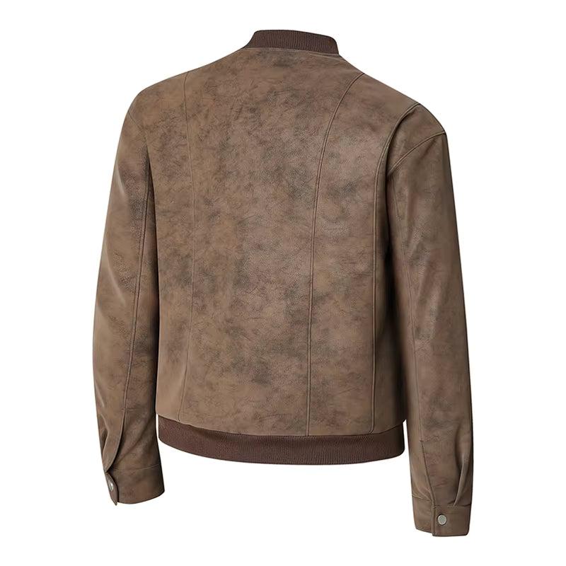 A brown faux leather jacket with a distressed, mottled texture, shown from the back on a white background.