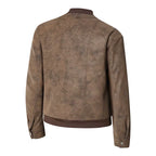 A brown faux leather jacket with a distressed, mottled texture, shown from the back on a white background.