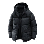 A black hooded puffer jacket with horizontal quilting, a front zipper, and a small embroidered polo player logo on the left chest, shown on a plain white background.