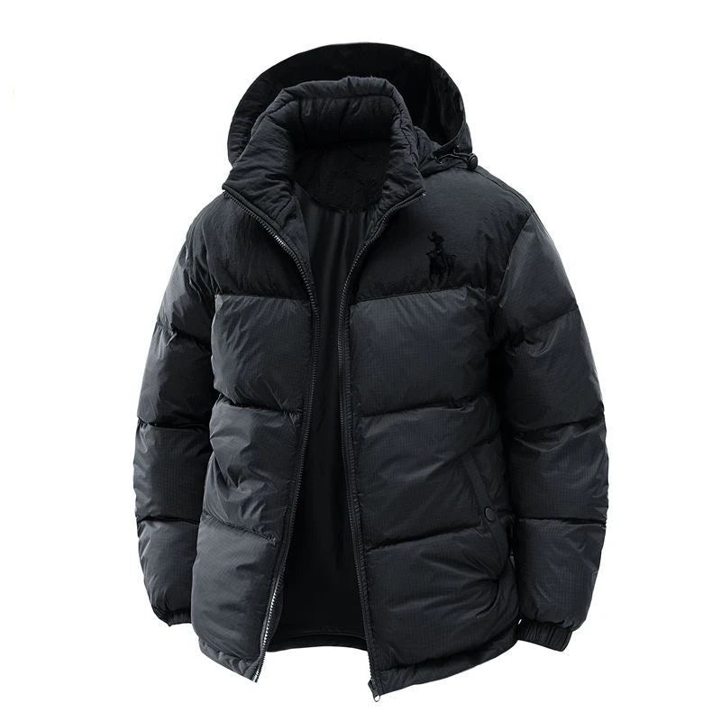 A black hooded puffer jacket with horizontal quilting, a front zipper, and a small embroidered polo player logo on the left chest, shown on a plain white background.