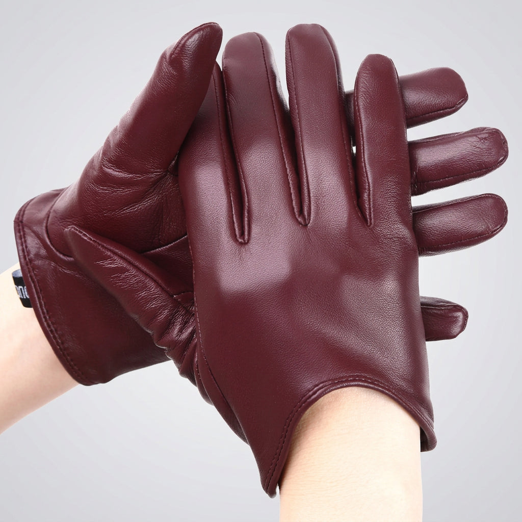 Pair of maroon leather gloves held by a person on a white background, with WOYOUYA branding.