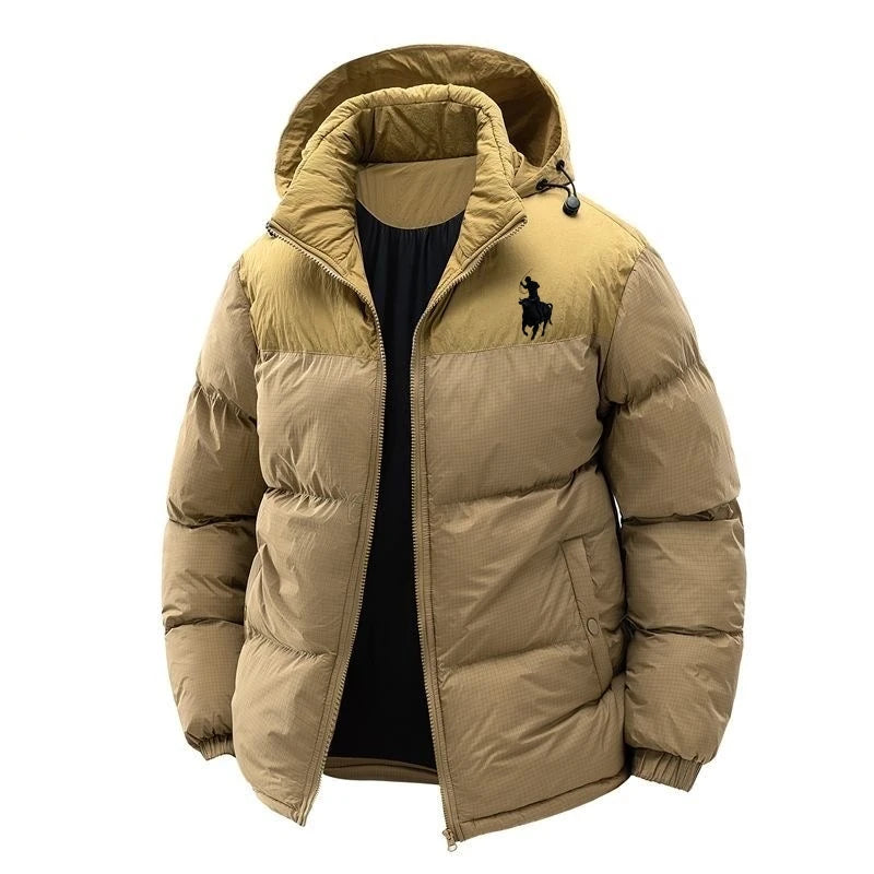 A men's hooded puffer jacket in a tan/khaki color, featuring a black embroidered polo player logo on the left chest, shown on a plain white background.