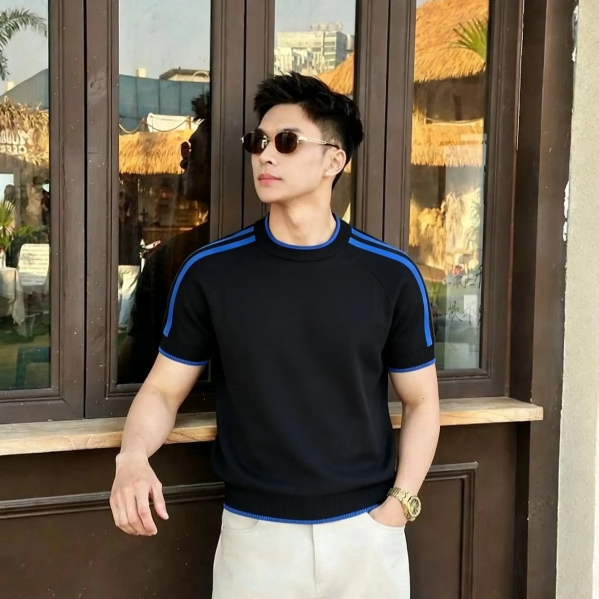 Men's Wool Blend Round Neck Knit T-Shirt – Breathable Short Sleeve