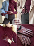 Collage of leather gloves with a person wearing them, set against a neutral background.
