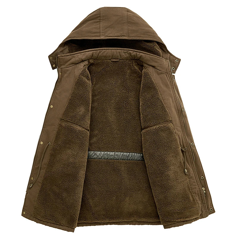 A brown hooded jacket with a plush fleece lining, shown open against a plain white background.