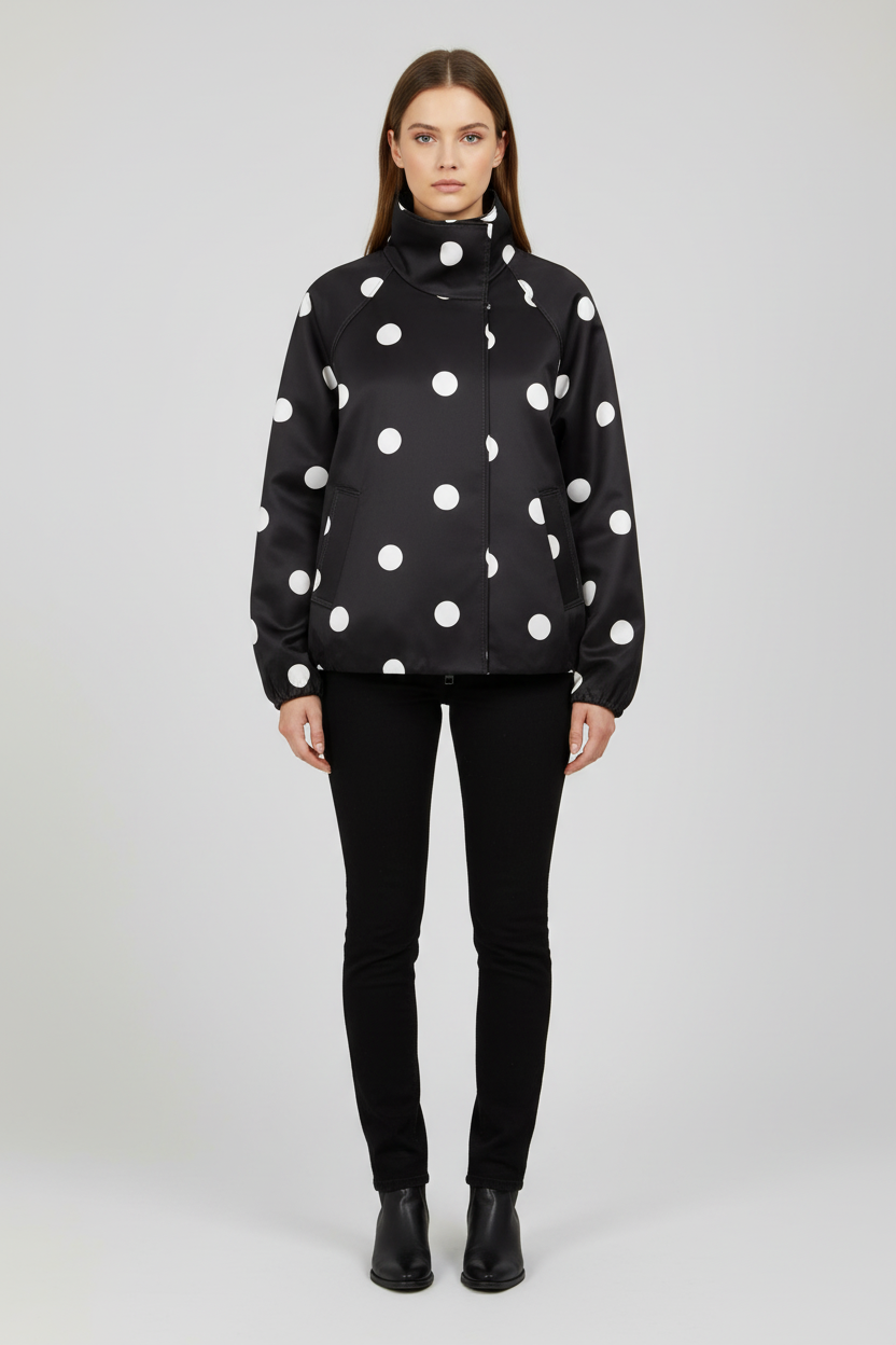 A model stands against a light gray studio background wearing a black zip-front jacket with large white polka dots, black skinny pants, and black ankle boots.