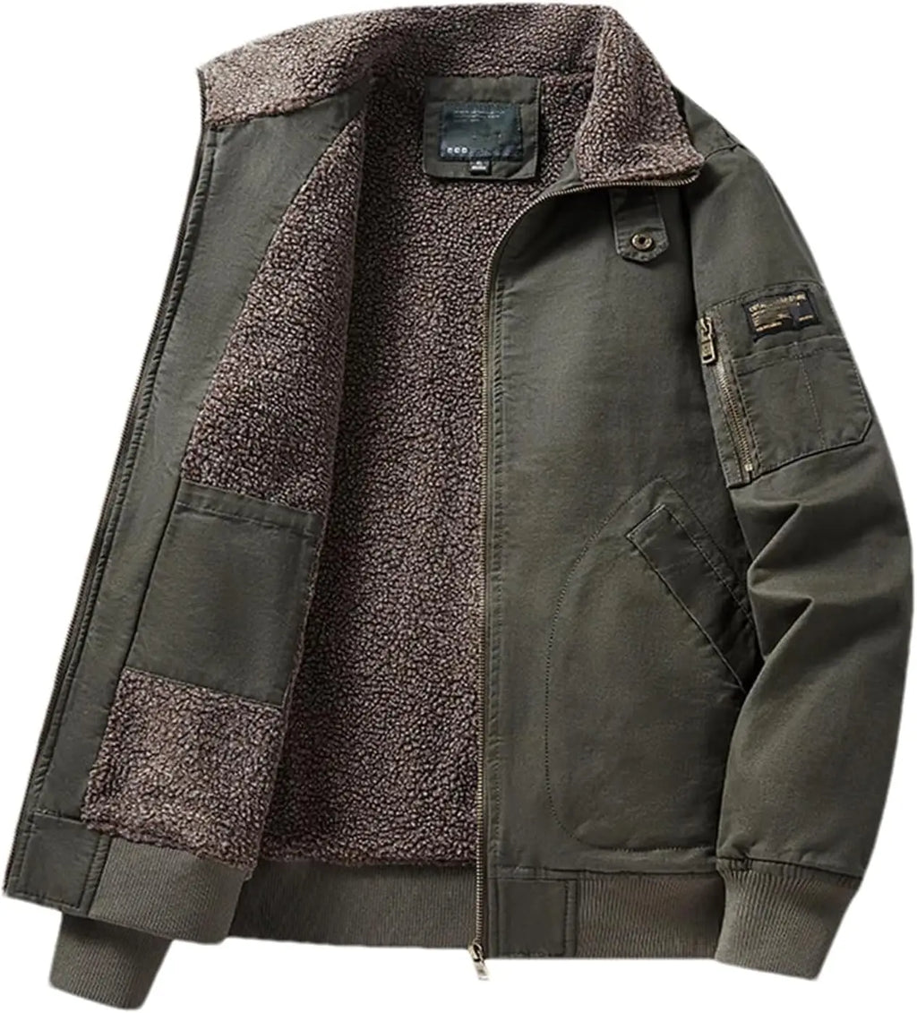 An olive green men's jacket with a brown sherpa fleece lining, shown open against a plain white background.
