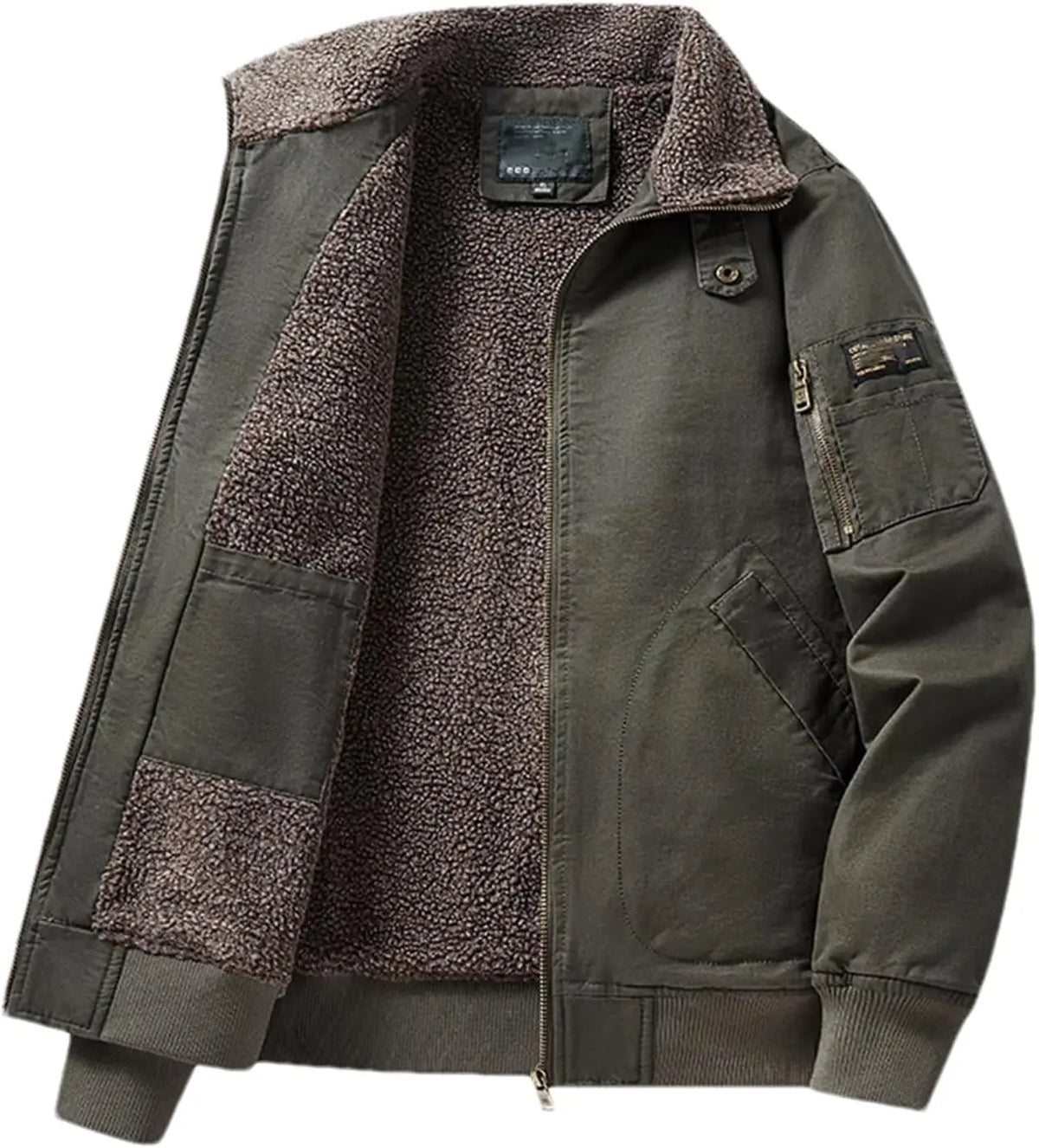 An olive green men's jacket with a brown sherpa fleece lining, shown open against a plain white background.