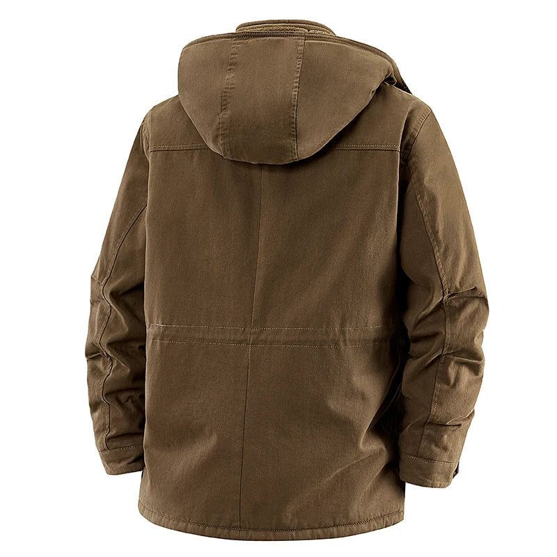 A brown hooded jacket shown from the back, featuring a high collar, long sleeves, and a relaxed fit, photographed against a solid white background.