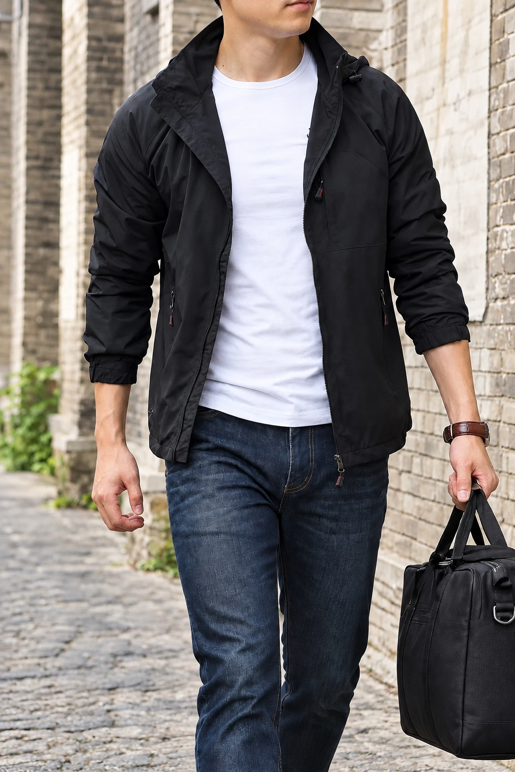 A man wearing a black lightweight zip-up jacket over a white t-shirt and blue jeans, holding a black bag while walking against a brick wall background.