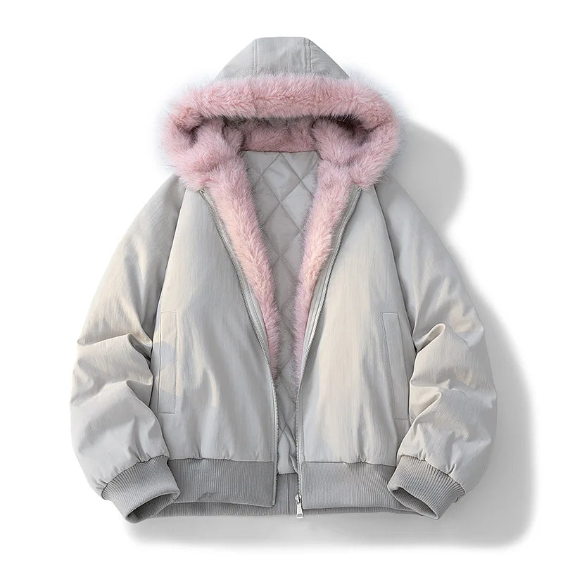 Light gray jacket with pink fur trim on a white background