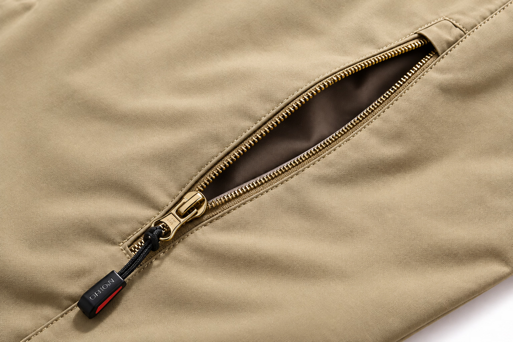 Close-up of a beige jacket with a zipper, featuring a brand logo.