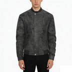 Gray textured jacket worn by a person on a white background