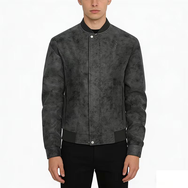 Gray textured jacket worn by a person on a white background