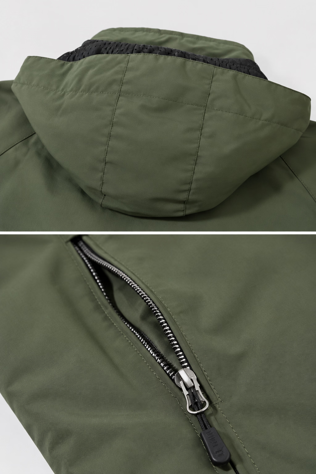 A close-up detail display of an olive green hooded jacket, showing the hood interior and a black zipper with a gold-tone pull.