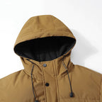 Brown hooded jacket with black lining on a white background