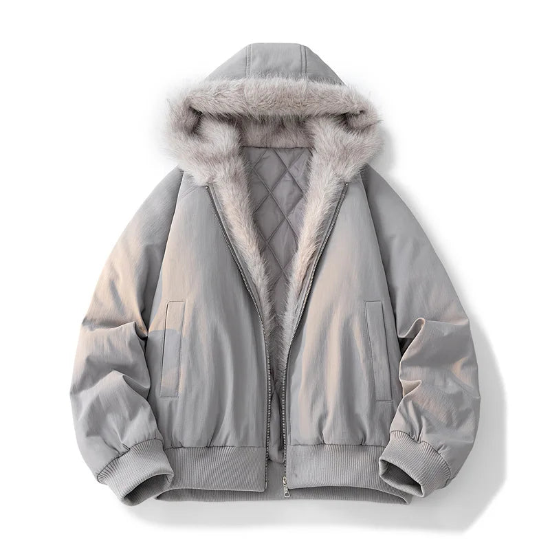 Gray jacket with fur-lined hood on a white background