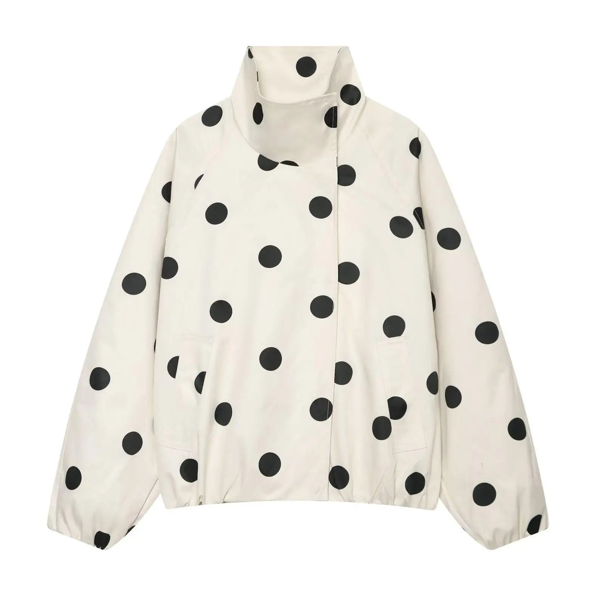 An off-white lightweight jacket with a black polka dot pattern, featuring a high collar and front pockets, shown against a plain white background.