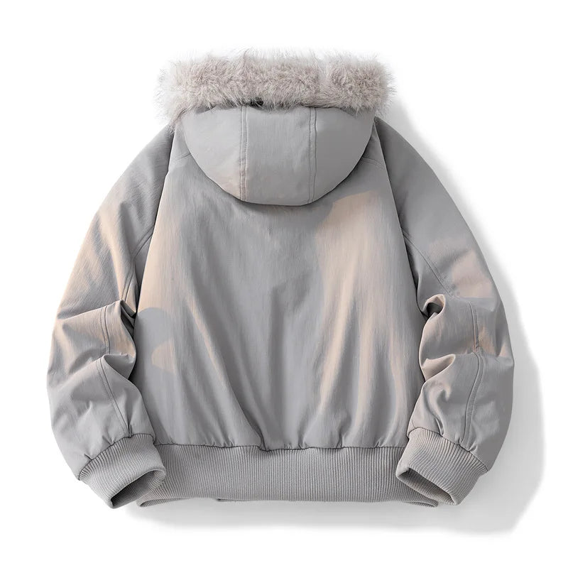 Gray hoodie with fur-lined hood on a white background