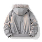 Gray hoodie with fur-lined hood on a white background