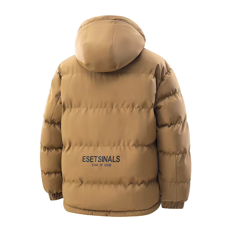 Brown puffer jacket with 'Esetsninals' branding on a white background