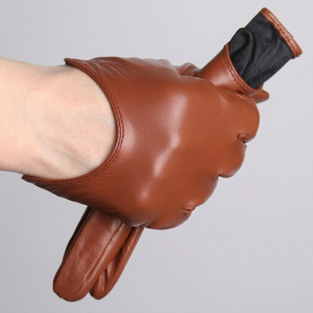 Brown leather glove with black cuff held by a hand on a white background, featuring the WOYOUYA brand.