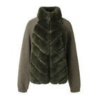 An olive green jacket featuring a plush faux-fur chevron pattern on the front and textured knit sleeves, shown against a plain white background.